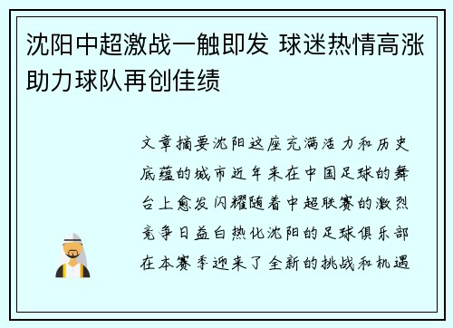 沈阳中超激战一触即发 球迷热情高涨助力球队再创佳绩