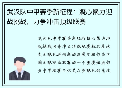 武汉队中甲赛季新征程：凝心聚力迎战挑战，力争冲击顶级联赛