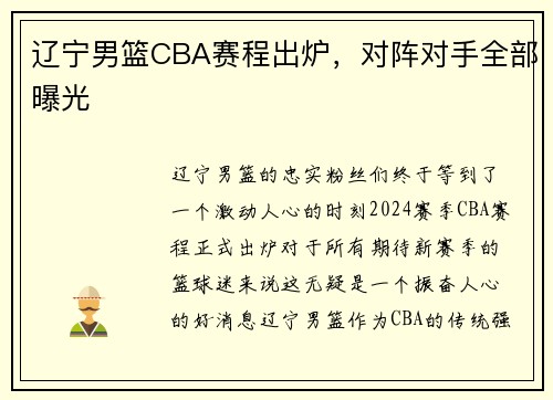 辽宁男篮CBA赛程出炉，对阵对手全部曝光
