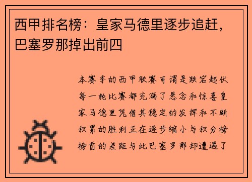 西甲排名榜：皇家马德里逐步追赶，巴塞罗那掉出前四